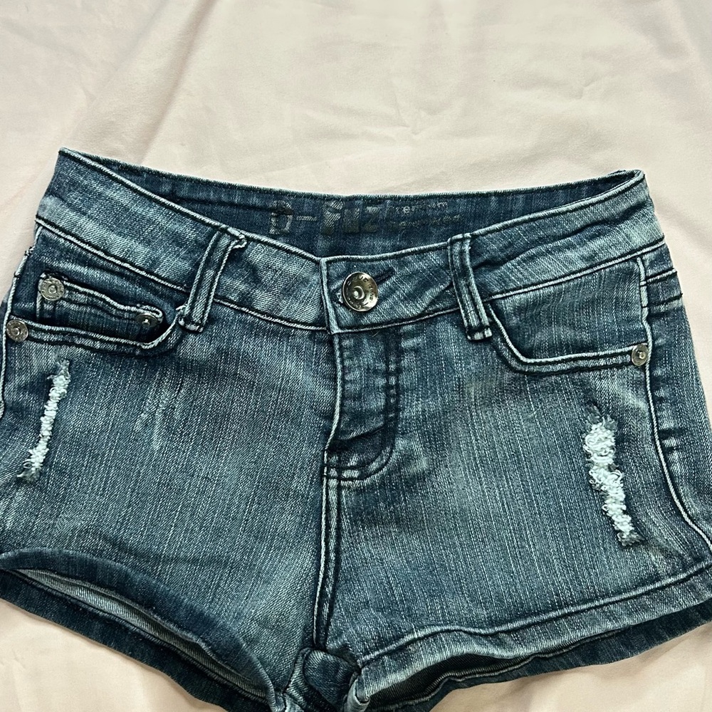 Blue Jean Shorts with Distressed Look and Frayed Hem